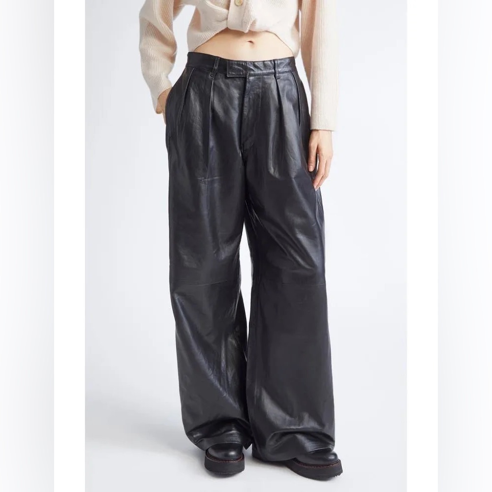 NWT R13 Pleated Wide Leg Sheep Leather Pants in Black Size 27
